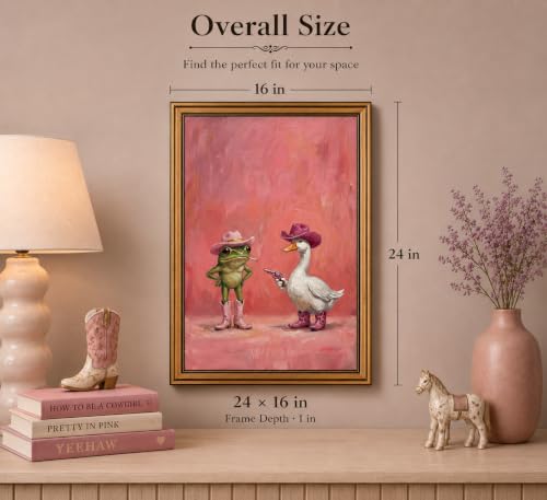 Image of Gold Framed 3D Textured Wall Art, Funny Pink Cowboy Frog and Duck Canvas Prints, Quirky Dopamine Western Animal Pictures Decor, Eclectic Cowgirl Artwork for Bathroom Dorm Bedroom 16x24inch