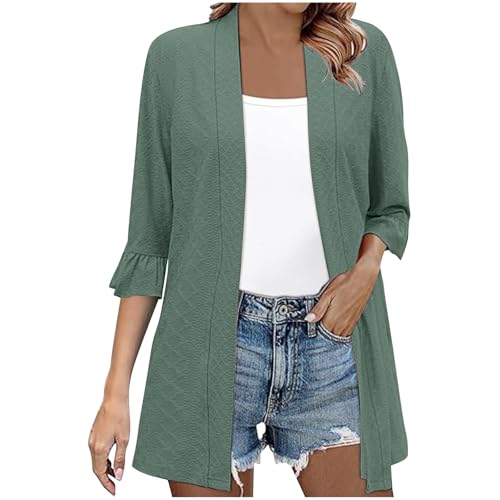 Womens Summer Lightweight Cardigan Bell 3/4 Sleeve Textured Open Front Cardigans Casual Loose Beach Cover Ups
