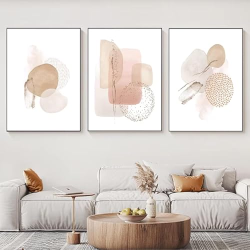 Images d'art mural triptyque pour habiller un mur vide de salon beige rose moderne