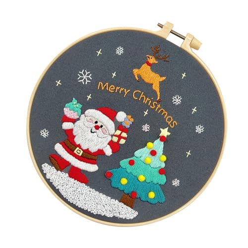 Kit da ricamo natalizio, kit da ricamo natalizio per adulti | Kit ricamo paesaggio invernale,Kit da ricamo invernale, set per principianti per il modello della capanna di tronchi di Babbo Natale, set