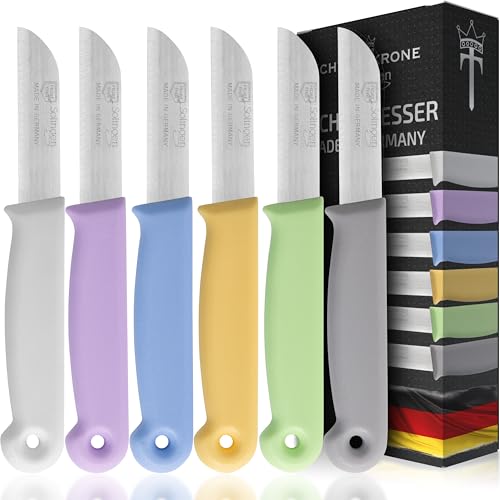 Schwertkrone® Schälmesser 6er Set [MADE IN SOLINGEN - GERMANY] - Gemüsemesser Obstmesser - Küchenmesser klein scharf - Schneidemesser Kartoffelschälmesser - Allzweckmesser (6x bunt - 6cm Klinge)