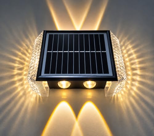 Image of XERGY 4W Solar Powered Modern Outdoor Wall Light | Auto ON /Off Dusk to Dawn | 1200mAh Battery | 2 Warm White Up & Down Lighting Mode | Waterproof Exterior Light for Garden, Gate, Balcony Decor