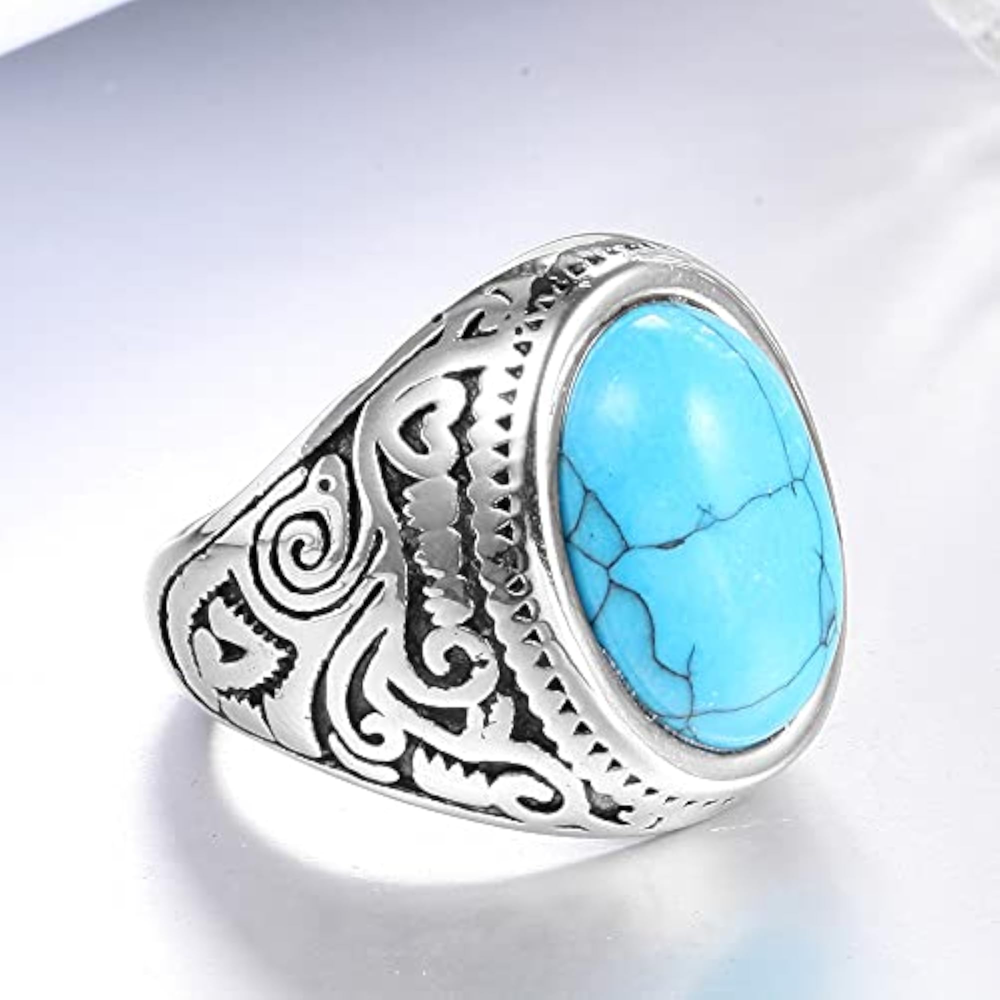 Men's Retro Vintage Tiger Eye & Turquoise Stainless Steel Ring