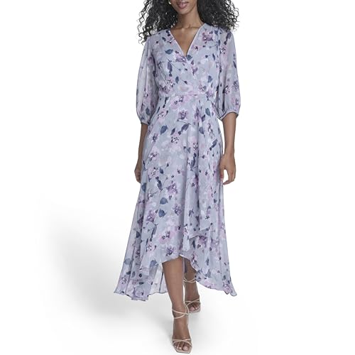 Calvin Klein Womens 3/4 Balloon Sleeve V-Neck Belted Wrap Midi Dress Slate Multi 12