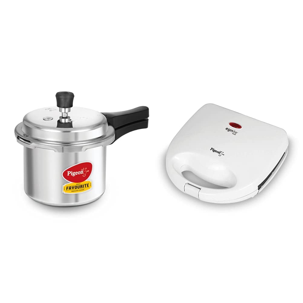 Pigeon by Stovekraft Favourite Outer Lid Non Induction Aluminium Pressure Cooker, 3 litres, Silver & Egnite Plus Sandwich Griller (White) Combo Pigeon by Stovekraft Favourite Outer Lid Non Induction Aluminium Pressure Cooker, 3 litres, Silver & Egnite Plus Sandwich Griller (White) Combo