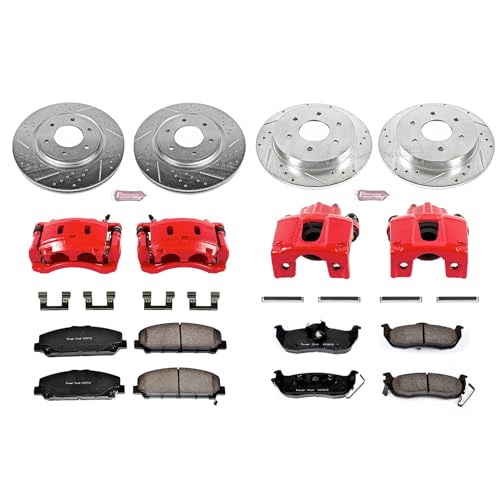 Image of PowerStop Front and Rear Brake Kit for INFINITI QX56 2008-10 |Nissan Armada 2007-11 |TITAN 2008-10 - Carbon-Fiber Ceramic Brake Pads + Drilled & Slotted Rotors + Red Powder Coated Calipers, KC2805