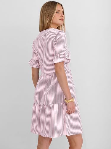 Image of Caracilia Dresses for Women Summer 2026 Striped V Neck Ruffle Sleeve A Line Tiered Flowy Casual Mini Beach Dress with Pockets