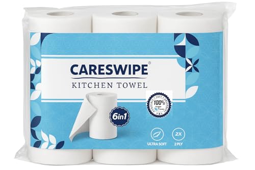 Careswipe 2 Ply Kitchen Tissue Rolls | 360 Pulls | 60 Kitchen Towels X 6 Rolls | Soft And Highly Absorbent | 100% Natural Virgin Cellulose Fiber