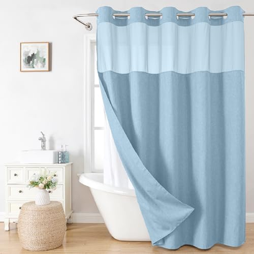 Extra Long Linen Textured Shower Curtain with Snap-in Liner, Fog Blue