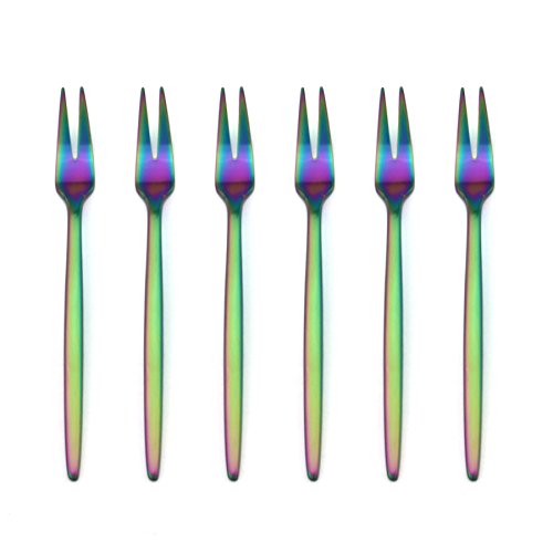 BRIIEC Rainbow 18/10 Stainles Steel Fruit Forks Set 2 Tines Cake Fork, Slim Cutlery for Kitchen Hotel Restaurant Wedding Party, Matte Finish, Dishwasher Safe, Pack of 6