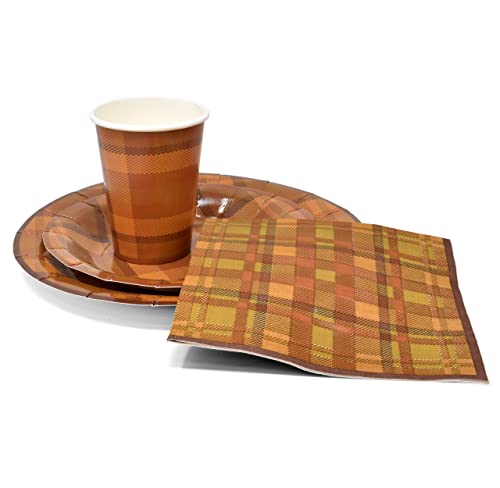 Fall Orange & Brown Plaid Party Supplies Tableware Set 24 9" Paper Dinner Plates 24 7" Plate 24 9 Oz. Cups 24 Lunch Napkins For Thanksgiving Autumn Harvest Check Disposable Dinnerware Decorations #TOP2