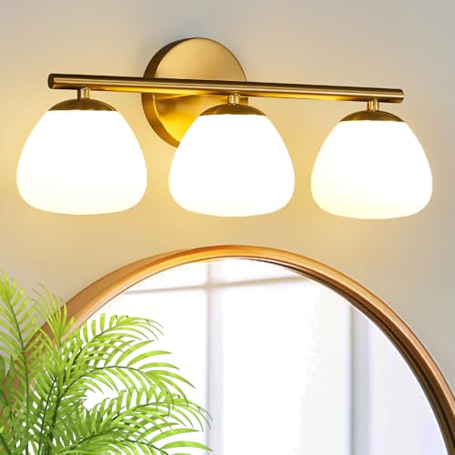 Image of Modern 3 Light Bathroom Vanity Light Gold Vanity Light Bathroom Light Fixtures Over Mirror with Milk Glass Shade Bathroom Vanity Lighting Fixtures