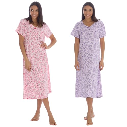 INSIGNIA Womens Pack of 2 Short Sleeve Long Pure Cotton Jersey Nightshirts Nighties (Lilac & Pink 14-16)