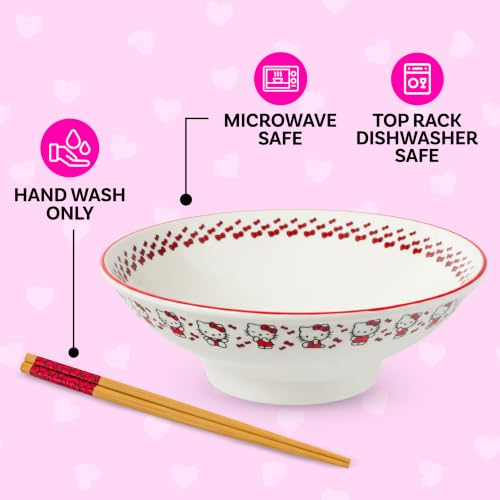 Image of Silver Buffalo Sanrio Hello Kitty Red, Ramen Bowl with Chopsticks, 30oz | Stripes and Bows, Ceramic, Noodle Rice, Microwave Safe, 0.89 Liters
