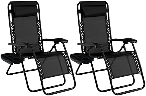 Goplus Zero Gravity Chair, Adjustable Folding Reclining Lounge Chair with Pillow and Cup Holder, Patio Lawn Recliner for Outdoor Pool Camp Yard (Set of 2, Black)