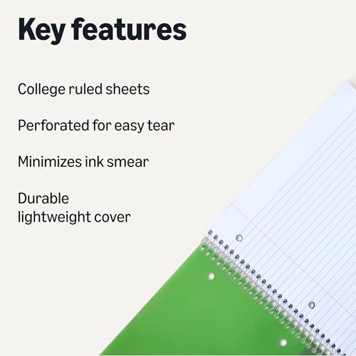 Image of Amazon Basics College-Ruled Spiral Notebook, Poly Cover, For Work and School, 100 Sheets, 9 inch x 11 inch, Green, 1-Pack