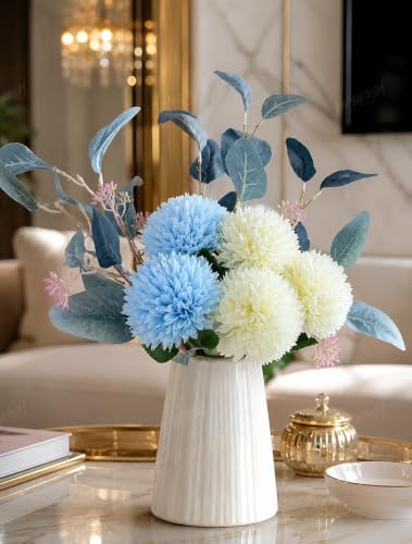 Image of Divyakosh Artificial Chrysanthemum Flower Bouquet, 5 Flowers with Foliage, Blue & White Pom Pom Floral Arrangement, Decorative Artificial Flowers for Living Room, Office & Home Decor