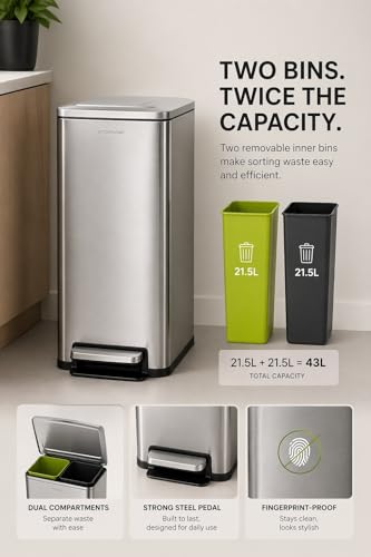 Image of Step N' Sort Slim Dual Recycling Bin 43L (2 x 21.5L) - Soft Close Kitchen Trash Can - Space Saving Stainless Steel - Removable Buckets
