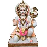 Hanuman Statue, Gold leaf work Large 12 inches Marble Bajrang Bali Murti, Hindu Monkey god Handpainted Multicolor Figurine, Perfect for Small Home Temple Decoration, Housewarming Gifts Sculpture