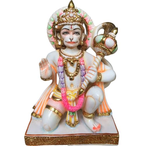 Hanuman Statue, Gold leaf work Large 12 inches Marble Bajrang Bali Murti, Hindu Monkey god Handpainted Multicolor Figurine, Perfect for Small Home Temple Decoration, Housewarming Gifts Sculpture