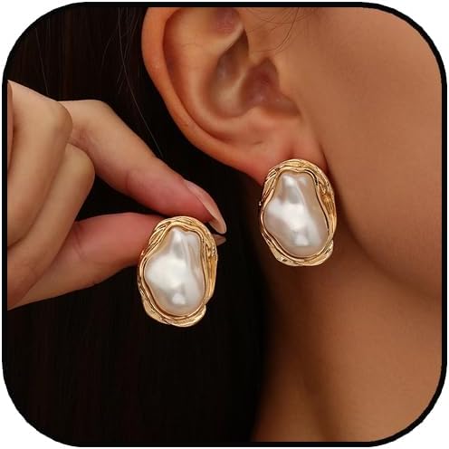 Baroque Pearl Earrings for Women Chunky Gold Big Pearl Statement Stud Earrings Irregular Vintage Small Hoop Earring Trendy Jewelry Accessories