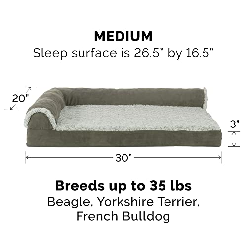 Image of Furhaven Cooling Gel Dog Bed for Medium /Small Dogs w / Removable Bolsters & Washable Cover, For Dogs Up to 35 lbs - Two-Tone Plush Faux Fur & Suede L Shaped Chaise - Dark Sage, Medium