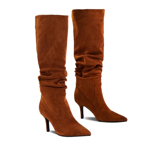 Women's Suede Slouchy Knee High Boots,Brown Stiletto High Boots Thigh High Boots, Knee High Pull On Boots of Women,Pointed Toe Mid Tall Boots Long boots2