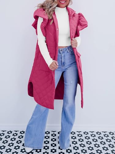 Tankaneo Womens Long Puffer Vests Fashion Ruffle Sleeve Quilted Gilet Coats Winter Hooded Down Jacket Vest4