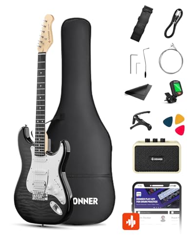 Donner DST-90 Electric Guitar, 39' Full Size Beginner Electric Guitar Kit with Amp, HSS Pickup, Gig Bag, Tuner, Capo, Strap, Strings, Cable, Picks, Black Burst
