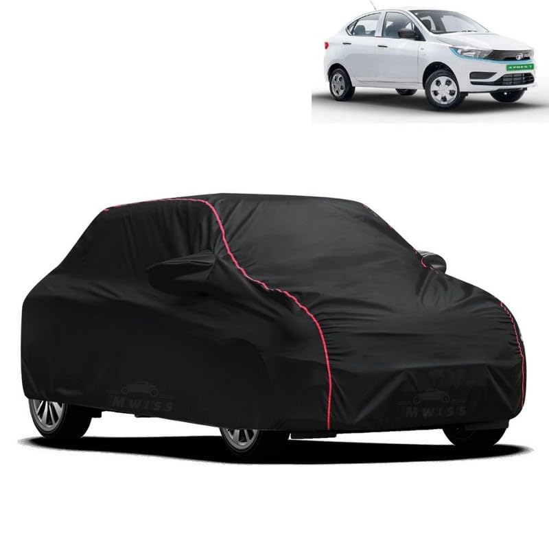 Image of Waterproof Car Cover for Tata Tigor EV | All-Weather Protection, Dustproof & UV Resistant | Triple Stitched Mirror Pockets, Windproof Buckle Strap with Elastic Hem, Black-Red Piping