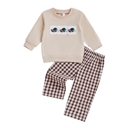 Toddler Baby Boy Football Smocked Outfit Long Sleeve Embroidery Crewneck Sweatshirt Gingham Pants Two Piece Clothes