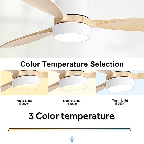 Sofucor 52 inch Wood Low Profile Ceiling Fans with Lights and Remote, Modern Flush Mount Quiet Ceiling Fan for Bedroom, Reversible DC Motor for Living Room/Farmhouse/Patio/Indoor/Outdoor(White+Wood) - Image 5