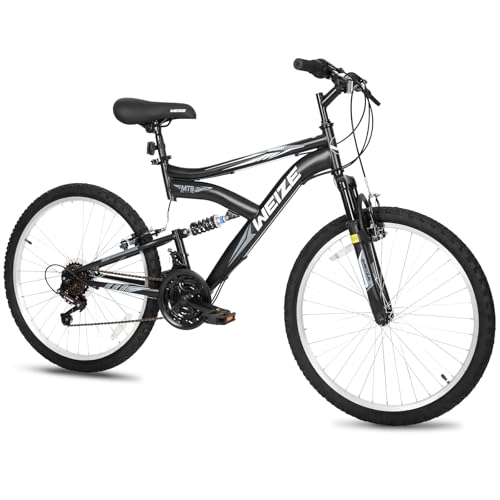WEIZE Mountain Bike for Kids & Teen 24 Inch Bicycle Youth MTB Dual Suspension with 7-Speed Gear System, Steel Frame with Front Suspension Fork for Boys & Girls Ages 8-15, Black