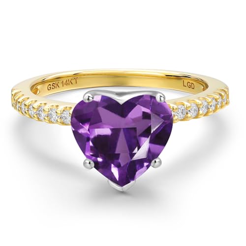 Gem Stone King 14K Two Tone Gold Heart Shape Gemstone Birthstone and Lab Grown Diamond Engagement Ring | Heart Shape 8MM and Round 1.3MM | Wedding Anniversary Promise Gold Ring For Women | Size 5 to 93