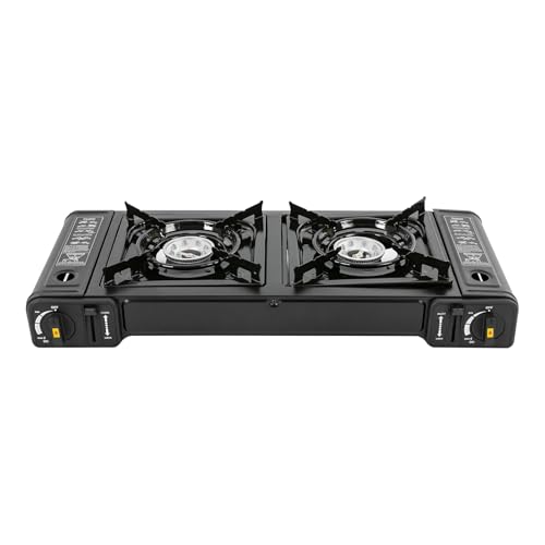 Levkitch Réchaud de camping avec mallette de transport Réchaud à gaz à 2 feux Plaque de Cuisson Gaz En aluminium Pour pique-nique Avec allumage piézoélectrique (sans plaque de grill)