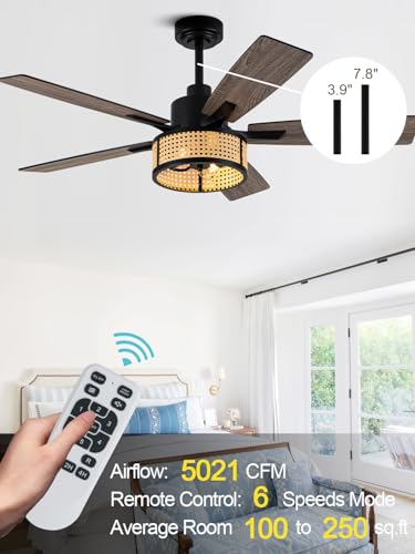 Image of 52 Inch Boho Ceiling Fan with Lights Remote Rattan Caged Chandelier Fan Farmhouse Rustic Fandelier, 5 Dual Blades, Reversible Quiet DC Motor 6 Wind Speeds Timer for Bedroom Patio