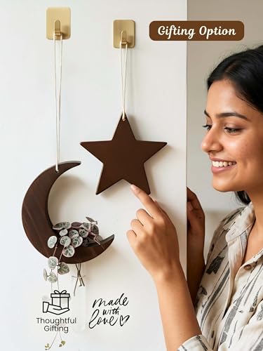 Image of Bombay Greens Hanging Moon Star Planter with Wooden Holder & Rope | Test Tube Hanging Planter Indoor Stand | Wooden Hanging Home Decor, Living Room, Balcony & Office