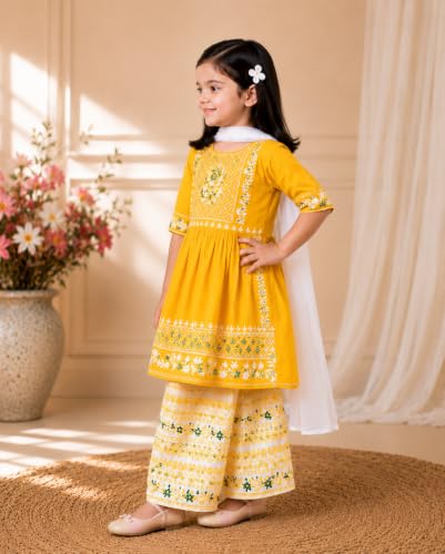 Image of Girls Embroidered Printed Kurta with Printed Palazzo Set, Ethnic Wear, 3-Piece