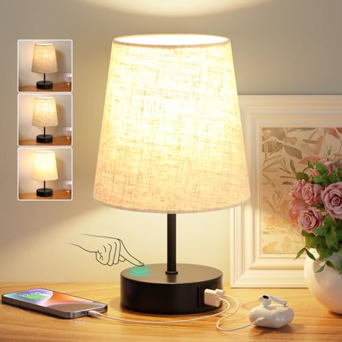 PreeOtti Lampada da Comodino Touch con Porte di Ricarica USB-C+A, Dimmerabile a 3 Vie, Paralume Beige Base Nera, Piccola Lampada da Tavolo per Camera da Letto Soggiorno Ufficio(Lampadina Inclusa)
