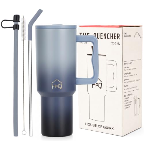 Image of House of Quirk 1200ML Stainless Steel Tumbler with Handle & Lid, 2 Straws - Large Travel Mug Water Cup for Gym, Office & Outdoor Use (Stone Wash)