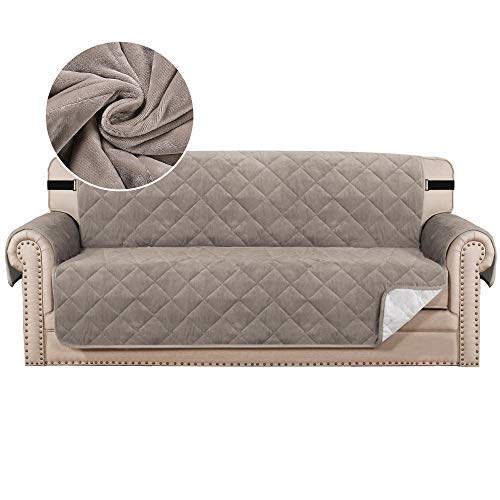 BellaHills Thick Velvet Sofa Covers Plush Couch Cover for 3 Cushion Sofa Slipcover Protector from Pets Dogs with Non Slip Backing and Wider Elastic Strap (3 Seater, Taupe)