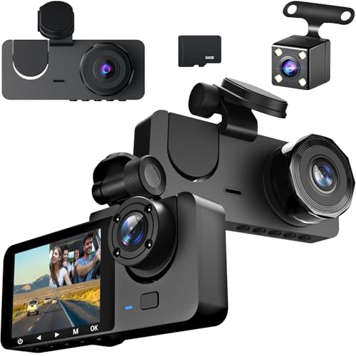 Cámara para Coche 1080P con Cámaras Frontal, Trasera e Interior, Tarjeta SD de 32 GB, Vigilancia de Aparcamiento, Visión Nocturna por Infrarrojos, Sensor G y Grabación en Bucle (Versión WiFi)