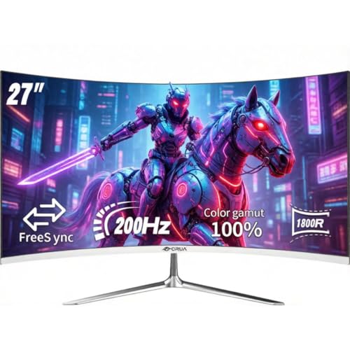 CRUA 27 Curved Gaming-Monitor FHD 1080p 200 Hz 1 ms GTG 1800R Krümmung FreeSync geringe Bewegungsunschärfe Augenschutz VESA-Halterung HDMI & DP Weiß