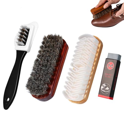 Brosse Daim Ensemble de 4 Pièces, Brosse Daim Chaussures& Nubuck Cuir, avec Brossee à Crinière de Cheval, 4 Côtés Brossee Nubuck Poils en Laiton et Gomme - Nettoyage Doux pour Chaussures, Accessoires