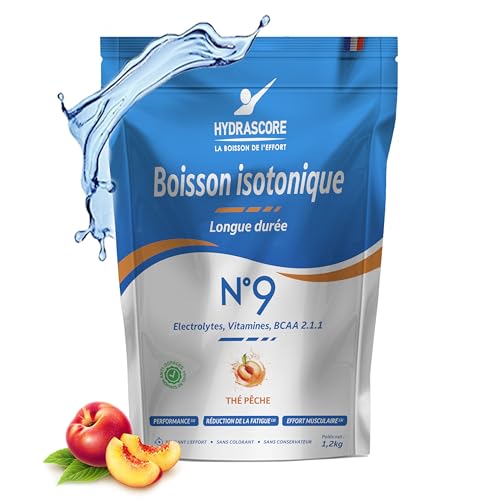 Hydrascore N°9 - Thé Pêche 1200 g - Nouvelle Recette - Boisson Isotonique Énergétique pour Sportifs - Running, Vélo, Triathlon - Énergisante & Hydratante - Électrolytes Hydratation & BCAA - H1034