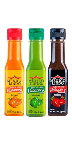Image of Mexico Lindo Hot Sauce Variety Pack | Includes 1 Bottles Each of Red Habanero + Green Habanero + Xxxtra Hot | 5 Fl Oz Bottles (Pack of 3)