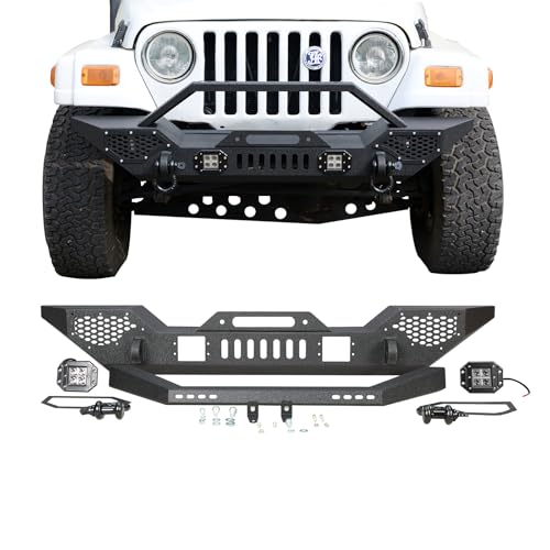 Garvee Front Bumper Compatible with Wrangler TJ 1997-2006 (2/4 Doors) Full Width Off-Road Rock Crawler Bumper with 2 x LED Lights Heavy Duty Steel Black