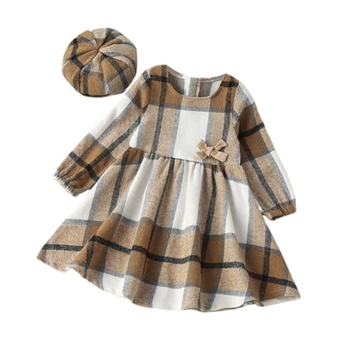 Sobrisah Plaid Dress for Toddler Girls Long Sleeve Round Neck Christmas Holiday Flannel Dresses with Hat,Size 2-7Years