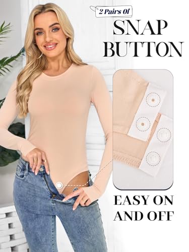 Kefiyis Body Damen Langarm Rundhals Bodysuit Langarmbody Elegant Bodys Tanga with Druckknöpfen Elastischer Basic Damenbodys für Alltag Büro Layering Look Nude M