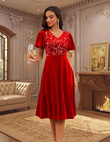 Image of Bridesmay Women's Formal Wedding Guest Dress for Women 2026 Short Sleeve Fit and Flare Tea Party Dresses